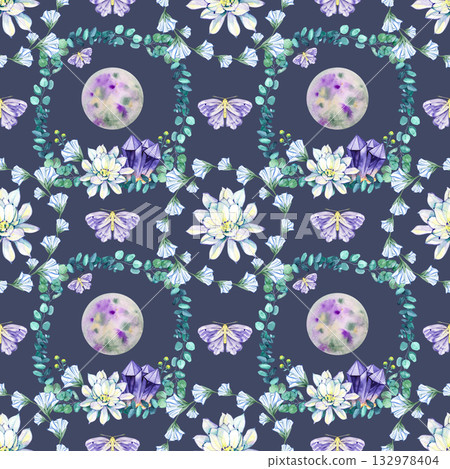 Watercolor seamless pattern with full moon, lotus flowers, eucalyptus leaves, moths, and crystals on a dark blue background. Magical celestial design perfect for fabric, wallpaper, and mystical Watercolor seamless pattern with full moon, lotus flowers, eucalyptus leaves, moths, and crystals on a dark blue background. Magical celestial design perfect for fabric, wallpaper, and mystical 132978404