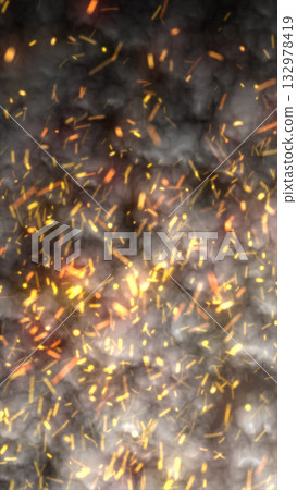 Abstract fiery background with glowing orange sparks floating in dark smoke, symbolizing heat, motion, and energy 132978419