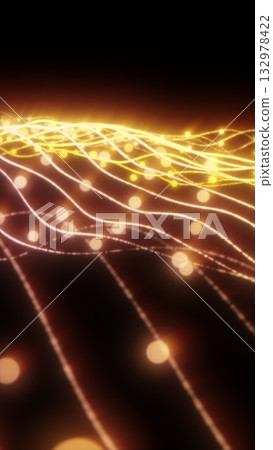 Abstract glowing golden lines and bokeh lights forming dynamic energy waves over a dark background Abstract glowing golden lines and bokeh lights forming dynamic energy waves over a dark background 132978422