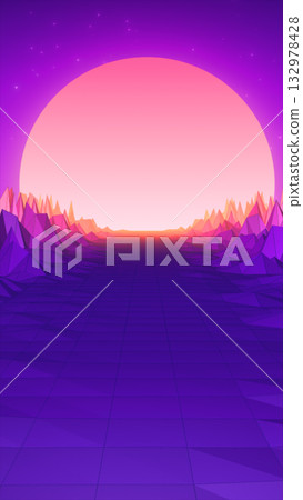 Retro futuristic sunset landscape with grid terrain and glowing sun over purple mountains Retro futuristic sunset landscape with grid terrain and glowing sun over purple mountains 132978428