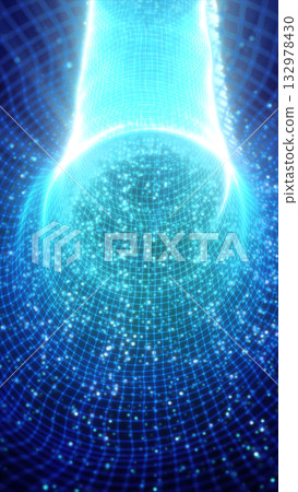 Abstract glowing blue grid structure forming a tunnel of light particles in a digital space Abstract glowing blue grid structure forming a tunnel of light particles in a digital space 132978430