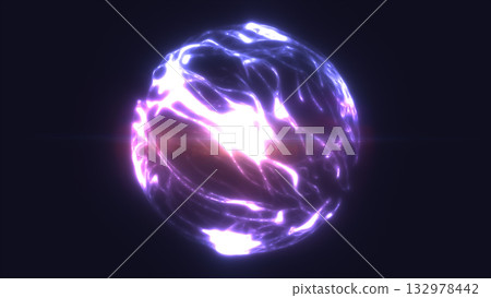 Bright violet energy orb glowing in darkness, symbolizing power, mysticism, and futuristic energy flow 132978442