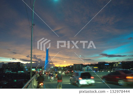 traffic light trails in the car on road 132978444