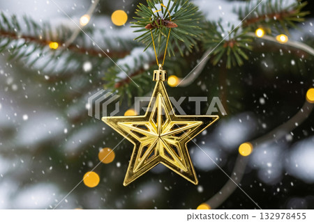Golden Star Ornament Hanging On Christmas Tree 132978455