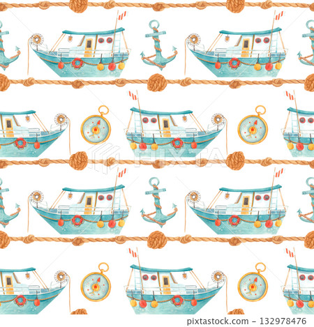 Watercolor nautical seamless pattern with boats, anchor, compass and ropes Watercolor nautical seamless pattern with boats, anchor, compass and ropes 132978476