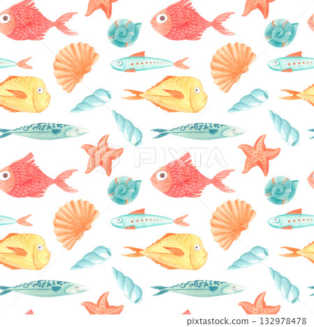 Watercolor marine seamless pattern with fish, starfish and seashells 132978478