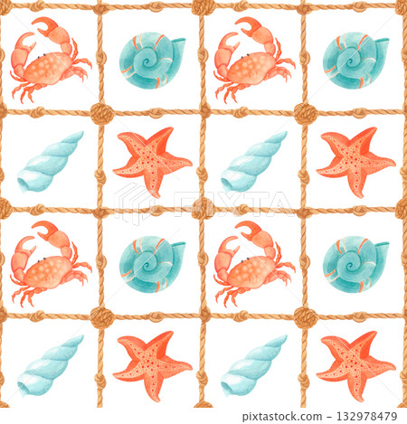 Watercolor marine seamless pattern with crab, starfish, seashells in rope grid 132978479