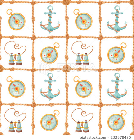 Watercolor nautical seamless pattern with anchor, binoculars, compass and ropes Watercolor nautical seamless pattern with anchor, binoculars, compass and ropes 132978480