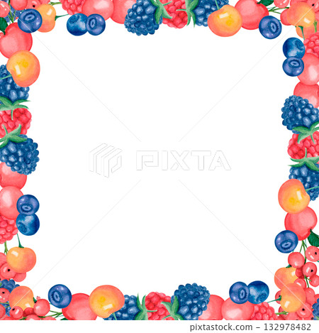 Watercolor summer berry frame with cherries, raspberries, blueberries, blackberries, currants. Watercolor summer berry frame with cherries, raspberries, blueberries, blackberries, currants. 132978482