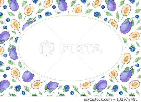 Watercolor plum and blackberry frame, oval botanical border 132978483