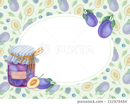 Watercolor plum jam label with fruits, berries and leaves 132978484