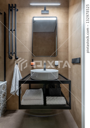 Minimalist Bathroom Interior with Modern Sink and Mirror Minimalist Bathroom Interior with Modern Sink and Mirror 132978525