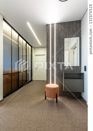 Modern Hallway Interior with LED Lighting and Mirror 132978528