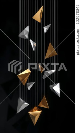 Abstract geometric vertical mobile with silver and gold shapes and shadows 132978842