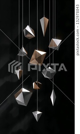 Abstract geometric suspended prisms arranged on black with crisp shadows 132978843