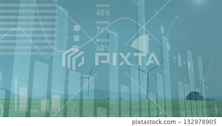 Featuring wind turbines standing on grassy plain, with bar charts, line graph and percent overlays Featuring wind turbines standing on grassy plain, with bar charts, line graph and percent overlays 132978905