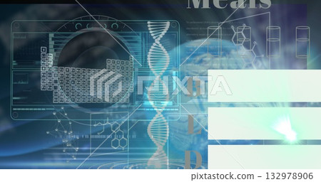Displaying vertical DNA double helix at digital lab interface, with periodic table grid 132978906