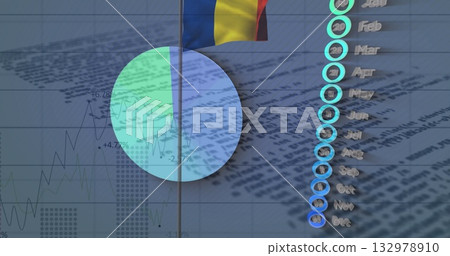 Displaying pie chart overlaying graphs and month markers in infographic with Romanian flag stripes 132978910