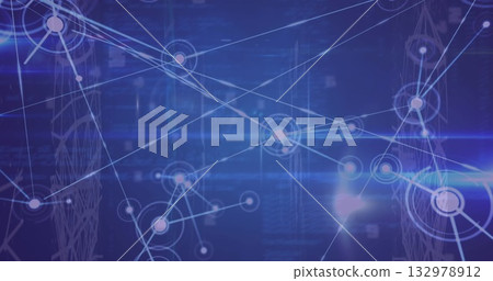 Showing network connecting glowing nodes by lines in interface, wireframe towers, panels and flare 132978912