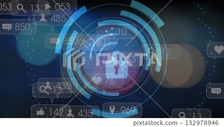 Image of padlock icon and data processing over media icons 132978946