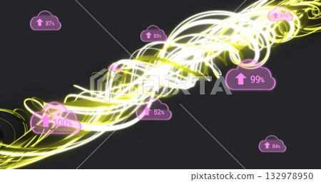Flowing neon light stream representing data transfer in dark grey tech space, with pink cloud icons Flowing neon light stream representing data transfer in dark grey tech space, with pink cloud icons 132978950