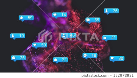 Swirling purple red particles in cyberspace, with blue social media notification bubbles Swirling purple red particles in cyberspace, with blue social media notification bubbles 132978951