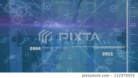 Glowing aisle of server racks reflecting blue lighting in data center, with network node icons 132978958