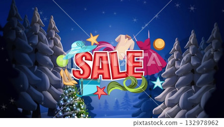 Floating red SALE letters with hat handbag T-shirt heels in snowy forest by lit Christmas tree Floating red SALE letters with hat handbag T-shirt heels in snowy forest by lit Christmas tree 132978962