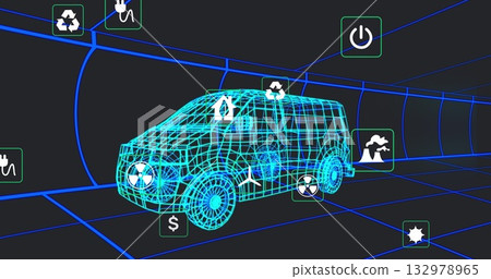 Moving cyan wireframe van traveling through blue grid tunnel, with floating green energy icons Moving cyan wireframe van traveling through blue grid tunnel, with floating green energy icons 132978965