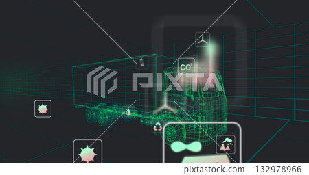 Displaying wireframe semi-trailer truck floating in grid 3D space, glowing CO2 and recycling icons Displaying wireframe semi-trailer truck floating in grid 3D space, glowing CO2 and recycling icons 132978966