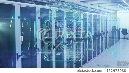 Hovering digital padlock icon signifying data protection in data center aisle, with server racks Hovering digital padlock icon signifying data protection in data center aisle, with server racks 132978988