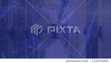 Showing server corridor with perforated racks, cable trays, lit LEDs in data center Showing server corridor with perforated racks, cable trays, lit LEDs in data center 132978993