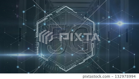 Showcasing large translucent hexagon frame with 5G text and network nodes in data center corridor 132978994
