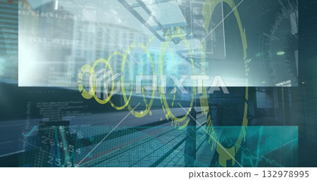 Projecting HUD overlays across train station platform, with yellow digital rings and data panels Projecting HUD overlays across train station platform, with yellow digital rings and data panels 132978995