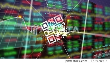 Floating QR code icon hovering center on dashboard, with stock tickers, line graph and grid overlay Floating QR code icon hovering center on dashboard, with stock tickers, line graph and grid overlay 132978996