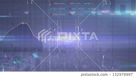 displaying chart at office window, with grid, white and red line graphs, ticker, blurred skyline displaying chart at office window, with grid, white and red line graphs, ticker, blurred skyline 132978997