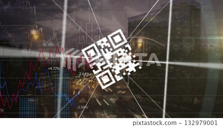 Displaying white QR code icon overlaying city street at night, with red and blue line graphs Displaying white QR code icon overlaying city street at night, with red and blue line graphs 132979001