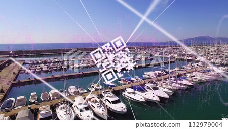 Displaying motor yachts and sailboats mooring at marina piers with breakwater, QR overlay, streaks Displaying motor yachts and sailboats mooring at marina piers with breakwater, QR overlay, streaks 132979004