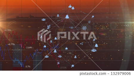 Displaying network graph overlay tracing changing data over city skyline at dusk, with social icons 132979006