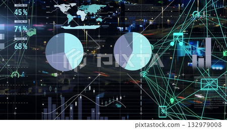 Displaying data overlay at nighttime urban highway showing pie charts, world map and percent labels Displaying data overlay at nighttime urban highway showing pie charts, world map and percent labels 132979008