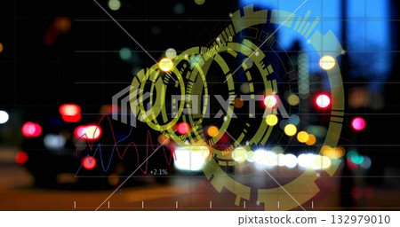 Displaying yellow circular HUD overlaying taillights on urban street at night, with +2 Displaying yellow circular HUD overlaying taillights on urban street at night, with +2 132979010