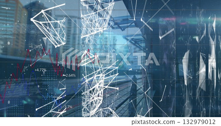 Displaying white mesh network floating in atrium corridor, with metal columns and red-blue charts 132979012