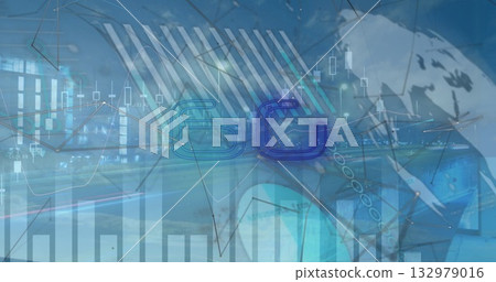 Displaying stylized 5G in futuristic glass corridor, with financial charts, arrows and globe 132979016