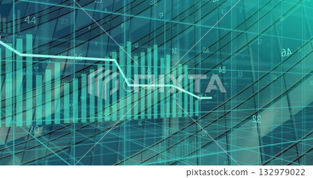 Displaying bar chart showing teal bars and white line plot on digital screen, with circular marker Displaying bar chart showing teal bars and white line plot on digital screen, with circular marker 132979022