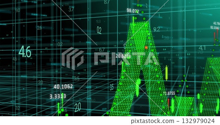 Displaying green 3D bar peak rising in interface, with teal grid matrix, data labels, copy space 132979024