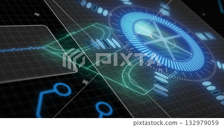 Displaying glowing circular gauge pulsing on dark grid, with waveform traces and node connectors 132979059