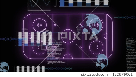 Showing neon purple arena schematic on dark dashboard with code blocks, data charts and globe icons 132979061