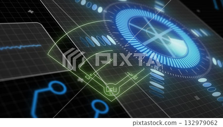Displaying blue circular HUD over grid with green CPU icon, waveform, status lights, circuit traces Displaying blue circular HUD over grid with green CPU icon, waveform, status lights, circuit traces 132979062