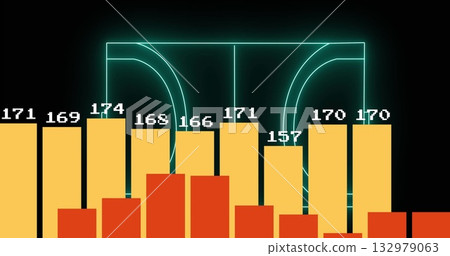 Pale gold, burnt orange bars glowing in dark workspace, with neon court outline and numeric labels 132979063