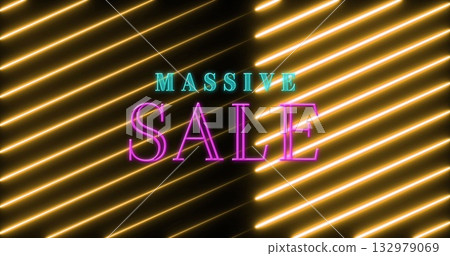 Displaying bold neon MASSIVE SALE text glowing on dark ad background, with diagonal golden bars Displaying bold neon MASSIVE SALE text glowing on dark ad background, with diagonal golden bars 132979069